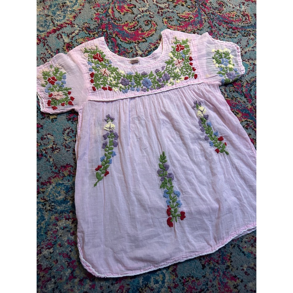 Raj Embroidered‎ Blouse Pink Cotton Gauze Floral Boho Folk Top Medium